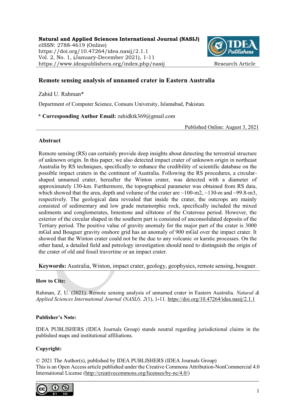 Remote Sensing Analysis of Unnamed Crater in Eastern Australia