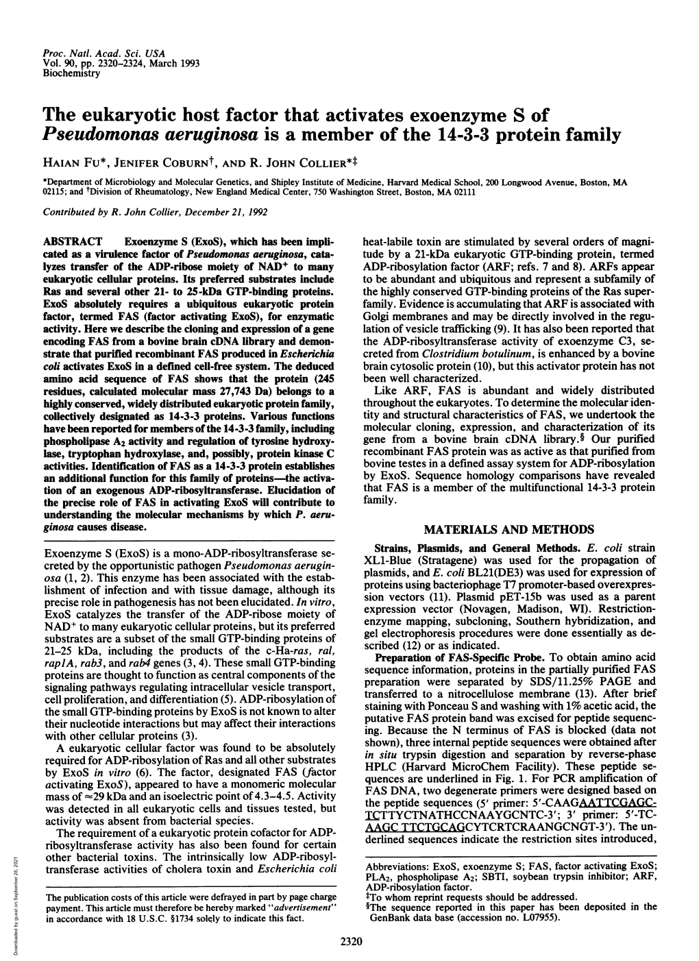 The Eukaryotic Host Factor That Activates Exoenzyme S of Pseudomonas Aeruginosa Is a Member of the 14-3-3 Protein Family