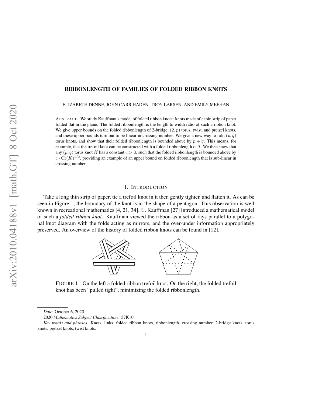 Arxiv:2010.04188V1 [Math.GT] 8 Oct 2020 Knot Has Been “Pulled Tight”, Minimizing the Folded Ribbonlength