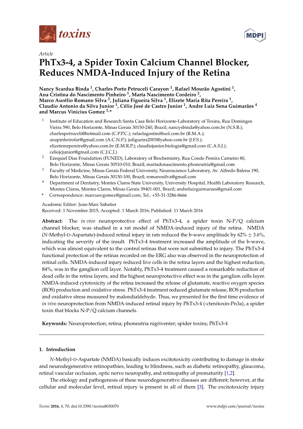 Phtx3-4, a Spider Toxin Calcium Channel Blocker, Reduces NMDA-Induced Injury of the Retina