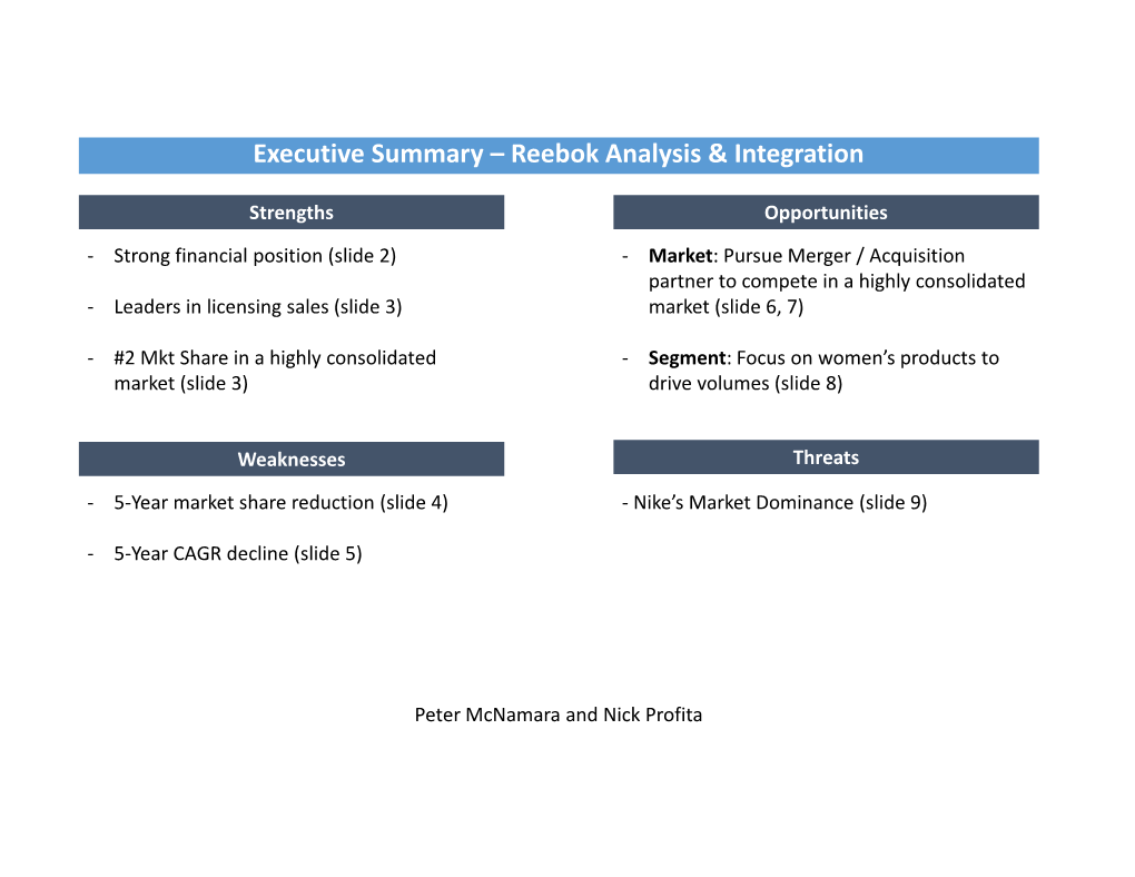 Executive Summary – Reebok Analysis & Integration