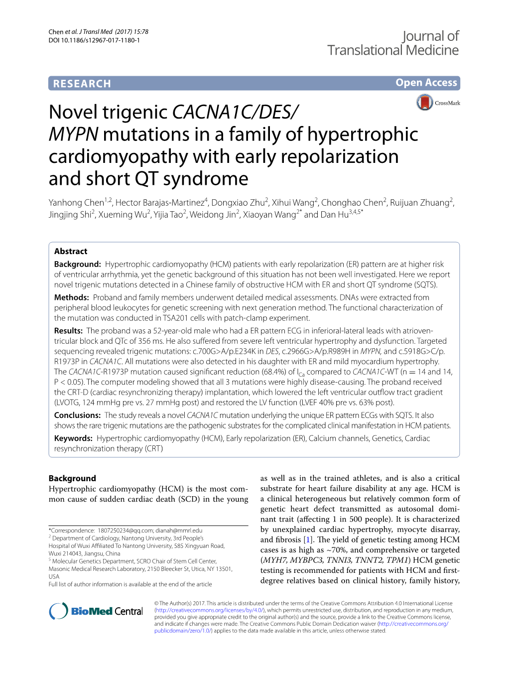 Novel Trigenic CACNA1C/DES/MYPN Mutations in a Family of Hypertrophic Cardiomyopathy with Early Repolarization and Short QT Synd