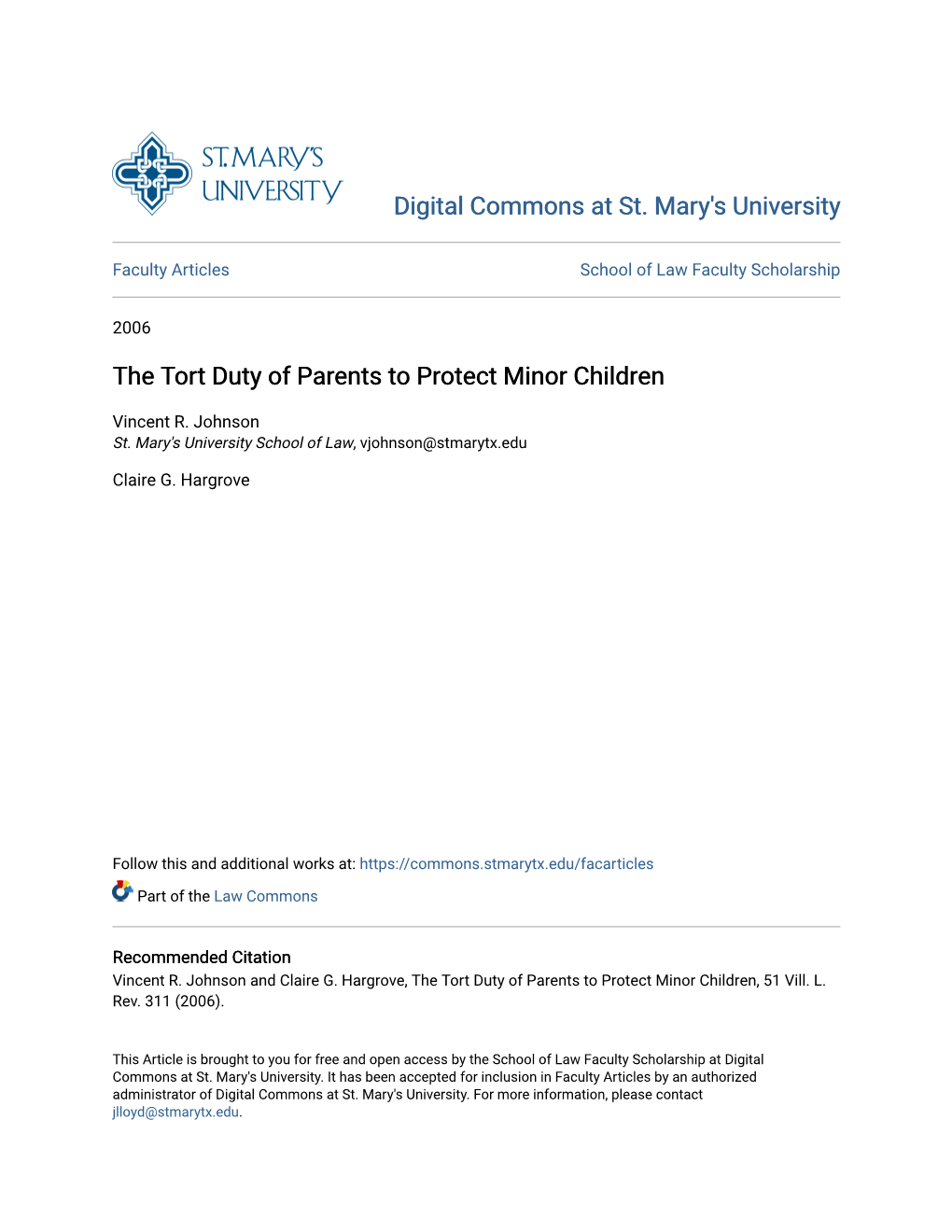 The Tort Duty of Parents to Protect Minor Children