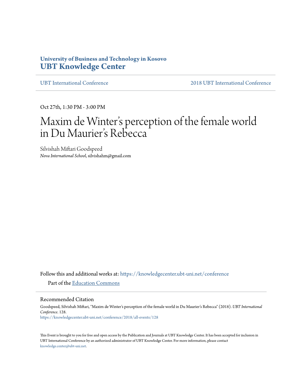 Maxim De Winter's Perception of the Female World in Du Maurier's Rebecca