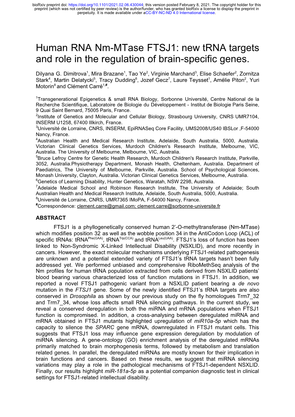 Human RNA Nm-Mtase FTSJ1: New Trna Targets and Role in the Regulation of Brain-Specific Genes