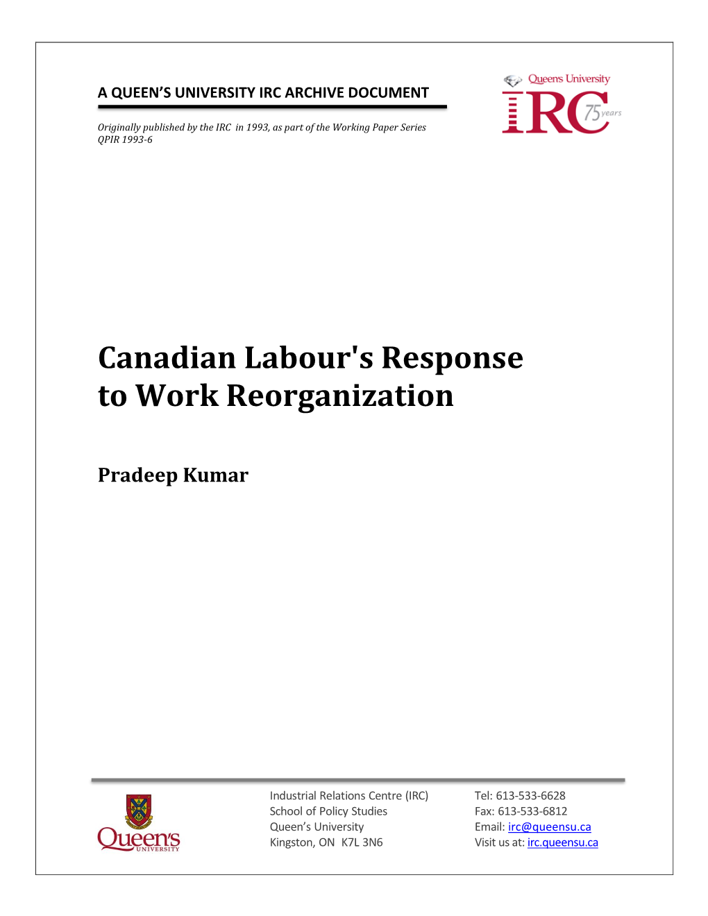 Canadian Labour's Response to Work Reorganization