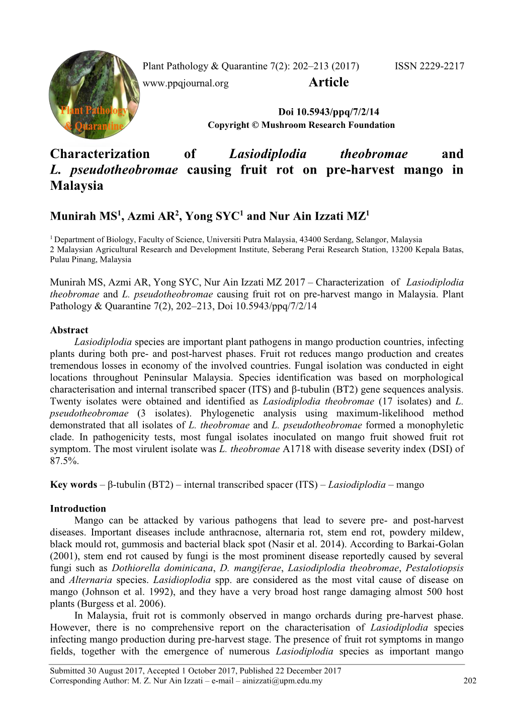 Characterization of Lasiodiplodia Theobromae and L