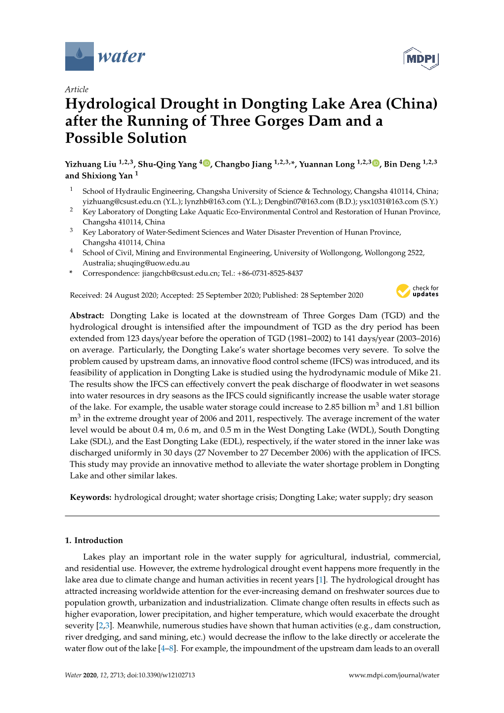 Hydrological Drought in Dongting Lake Area (China) After the Running of Three Gorges Dam and a Possible Solution