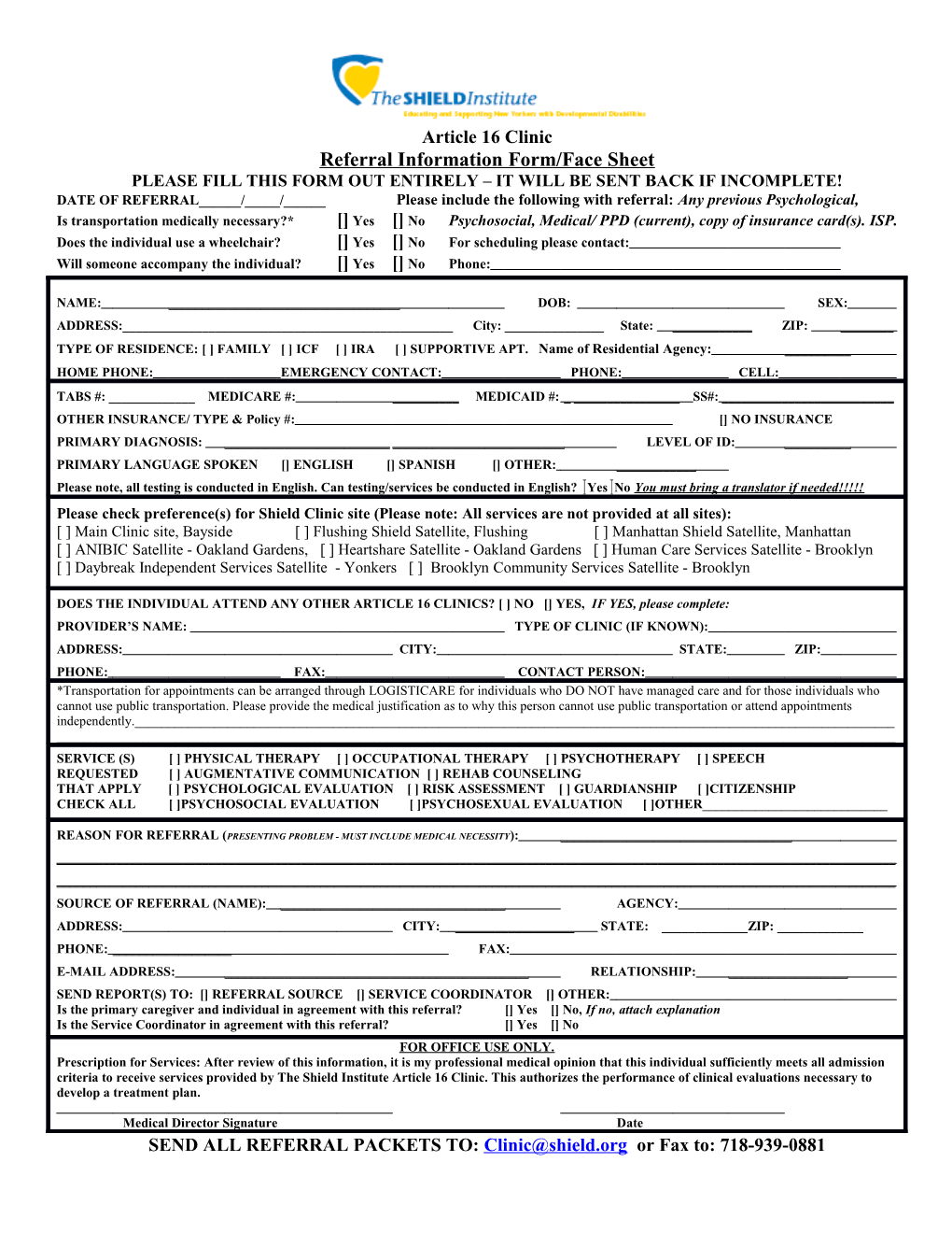 Referral Information Form/Face Sheet