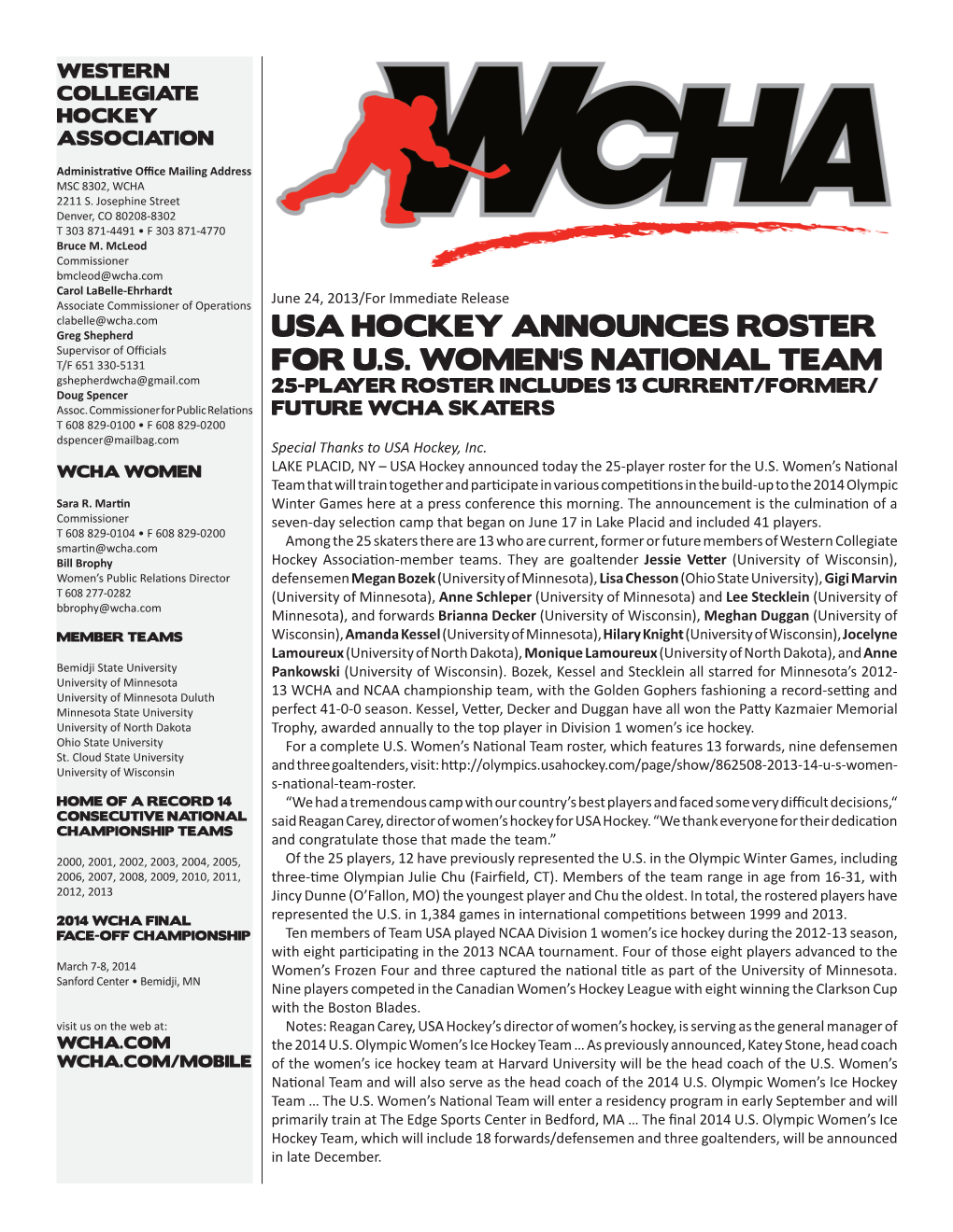 Usa Hockey Announces Roster for U.S. Women's