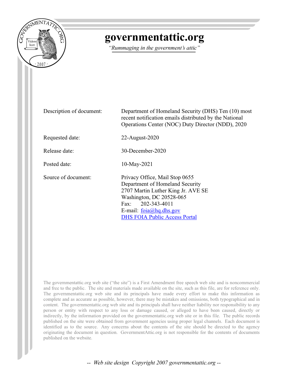 Department of Homeland Security (DHS) Ten (10) Most Recent Notification Emails Distributed by the National Operations Center (NOC) Duty Director (NDD), 2020