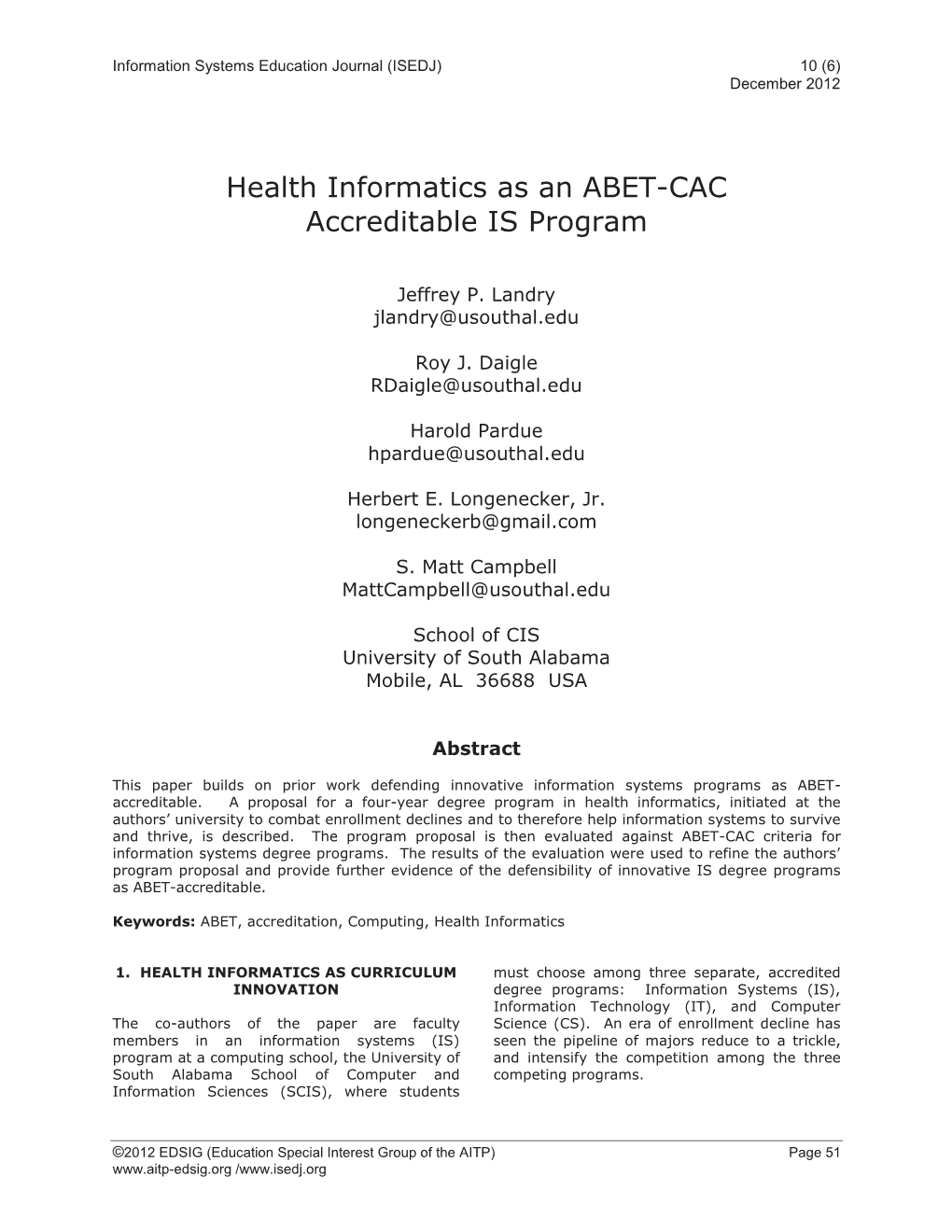 Health Informatics As an ABET-CAC Accreditable IS Program