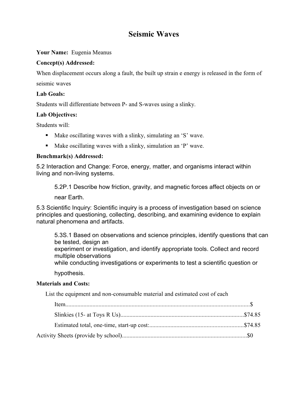 Seismic Waves Work Sheet