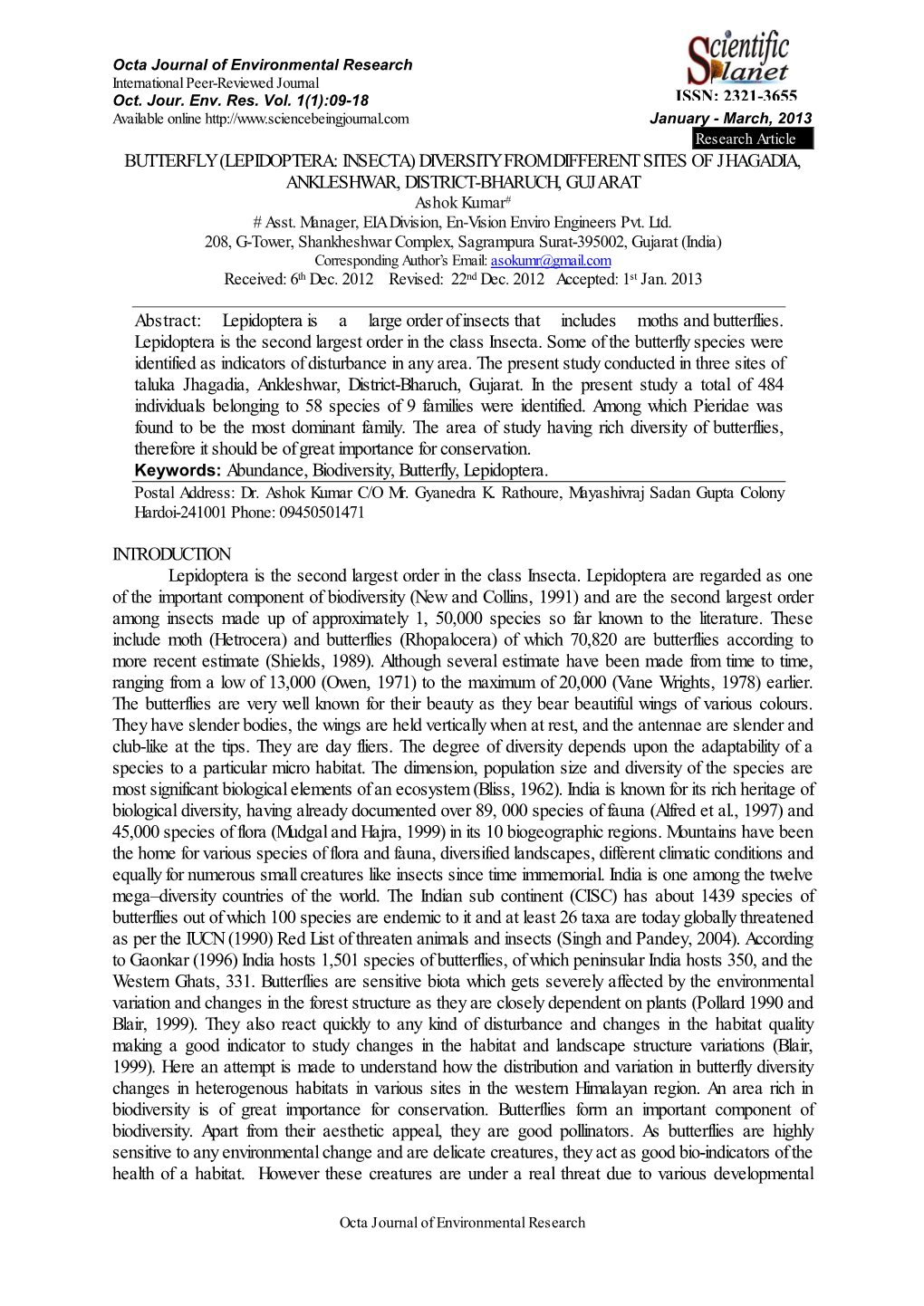 (LEPIDOPTERA: INSECTA) DIVERSITY from DIFFERENT SITES of JHAGADIA, ANKLESHWAR, DISTRICT-BHARUCH, GUJARAT Ashok Kumar# # Asst