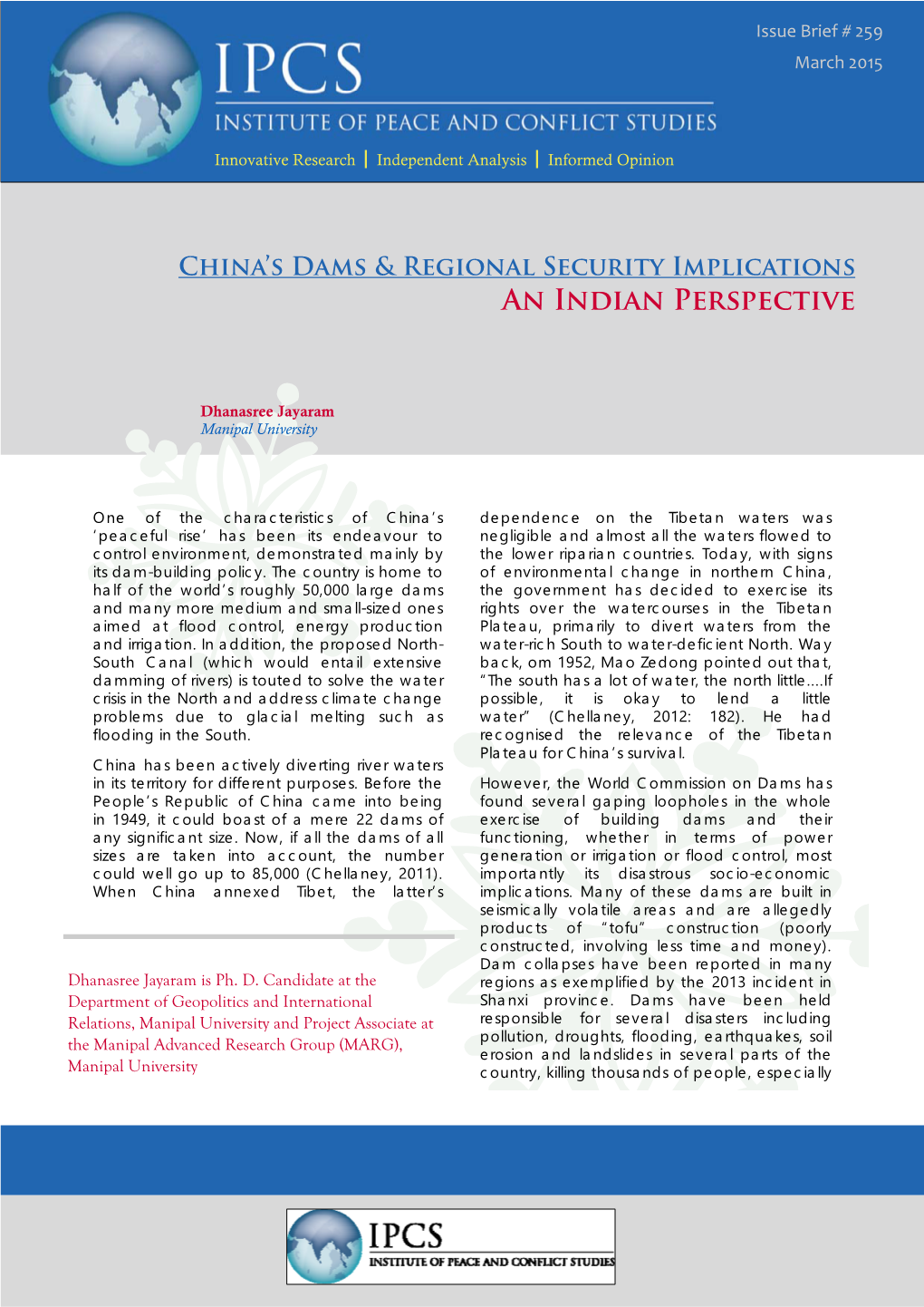 China's Dams & Regional Security Implications: an Indian Perspective