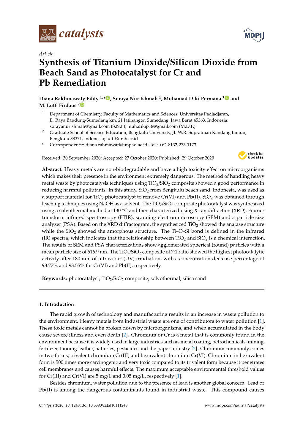 Synthesis of Titanium Dioxide/Silicon Dioxide from Beach Sand As Photocatalyst for Cr and Pb Remediation