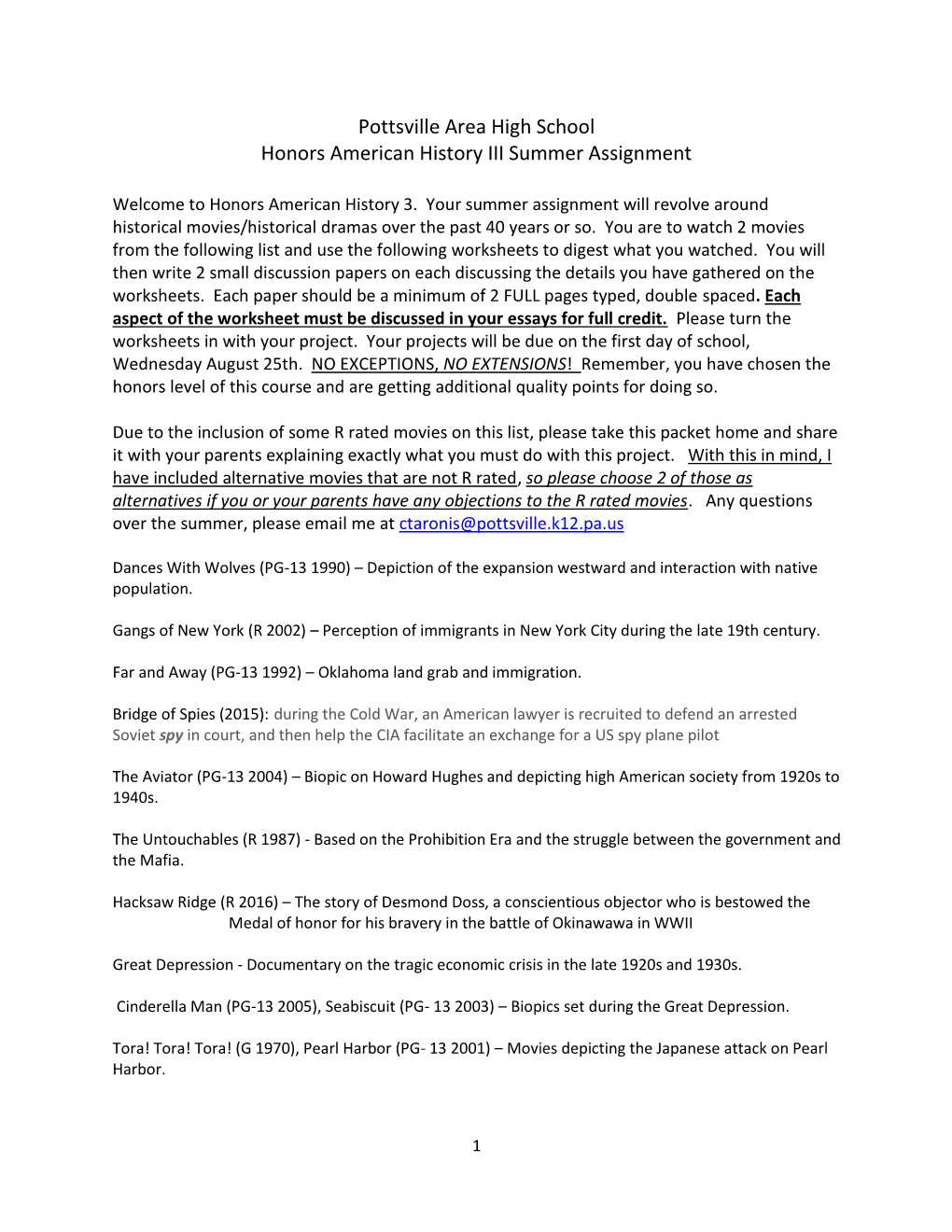 Pottsville Area High School Honors American History III Summer Assignment