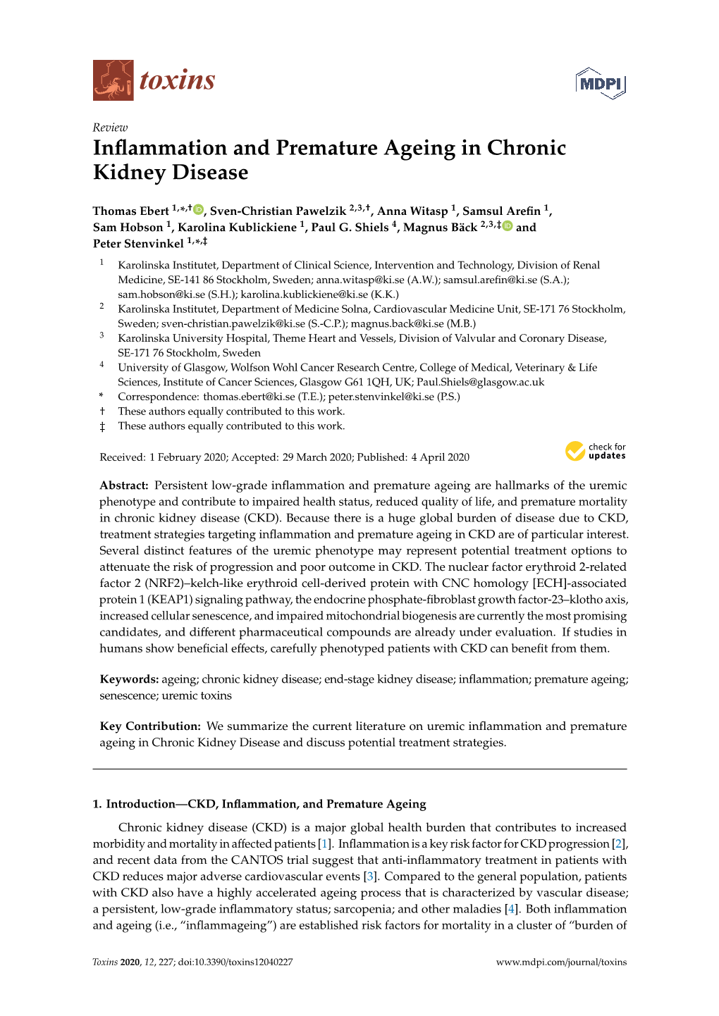 Inflammation and Premature Ageing in Chronic Kidney Disease