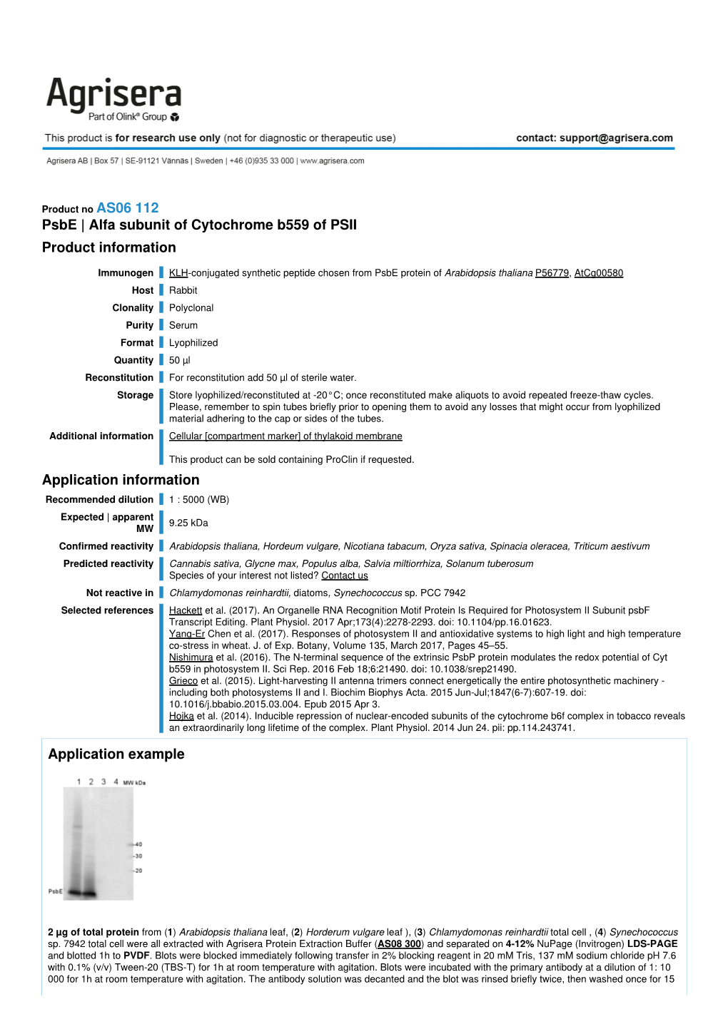 Psbe | Alfa Subunit of Cytochrome B559 of PSII Product Information