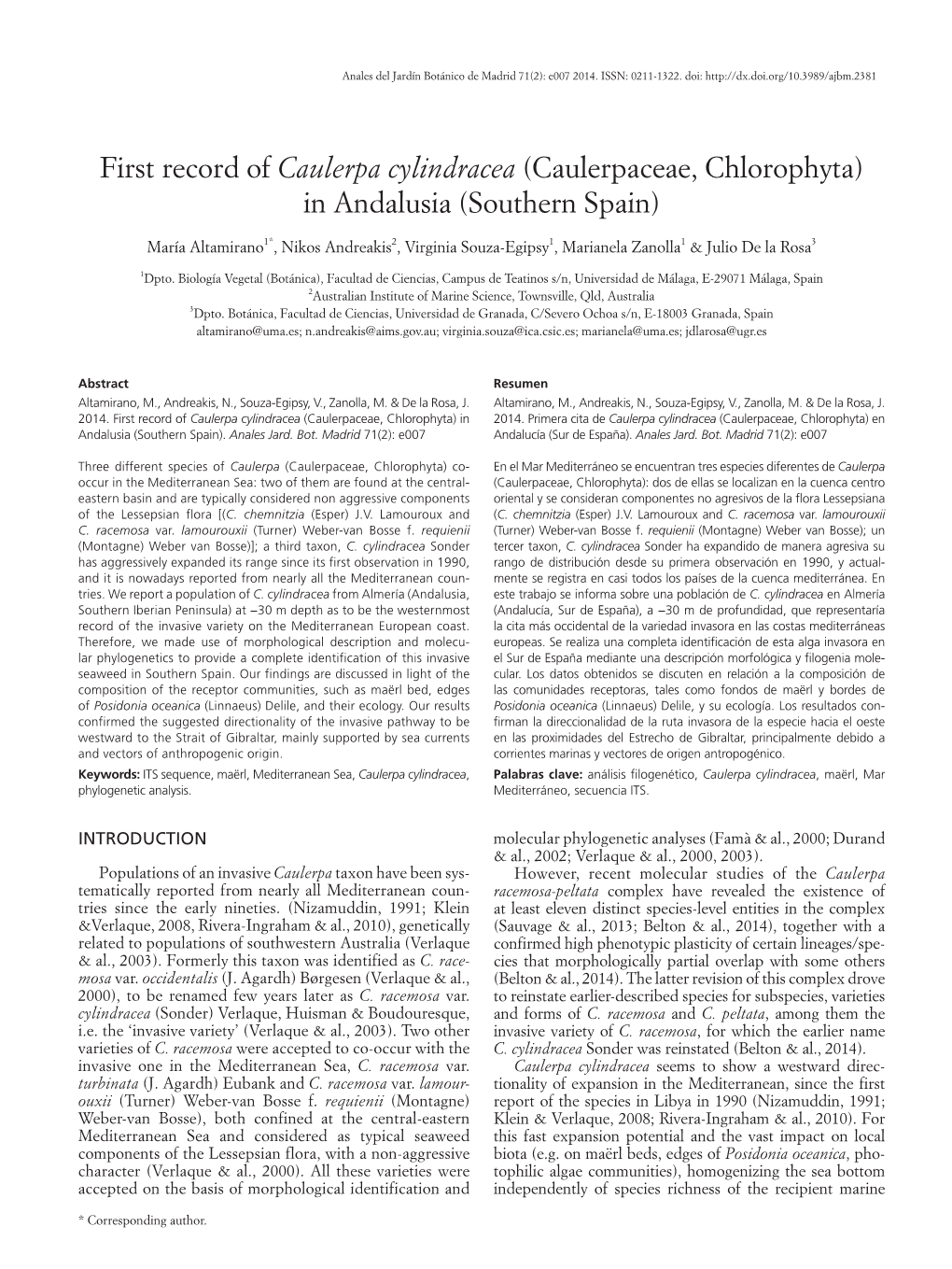 First Record of Caulerpa Cylindracea (Caulerpaceae, Chlorophyta) in Andalusia (Southern Spain)