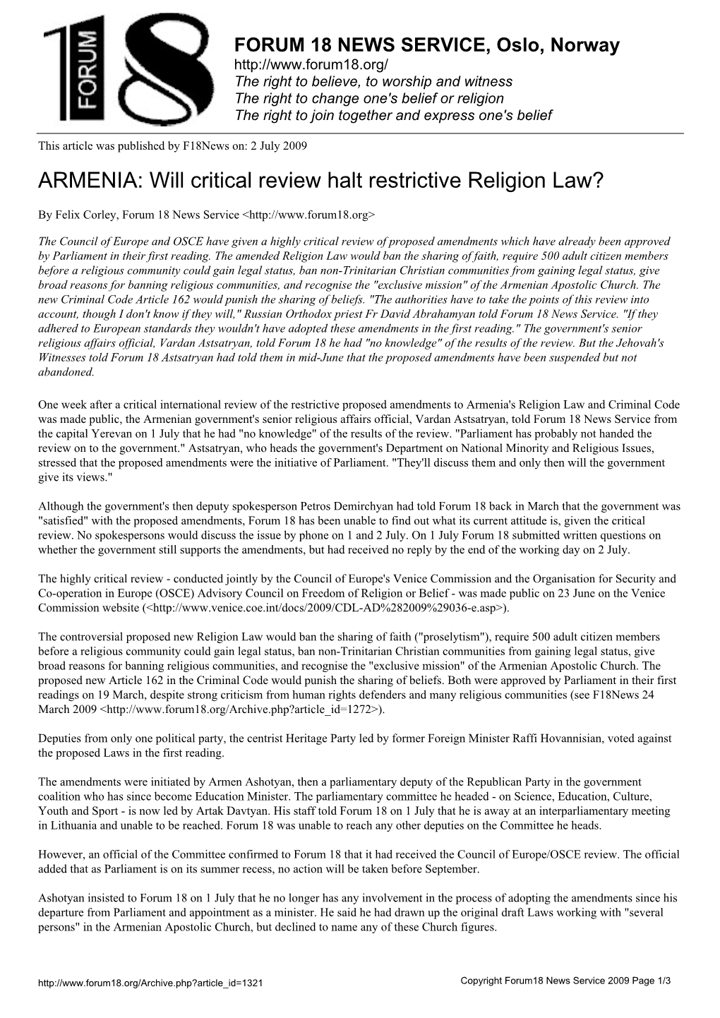 ARMENIA: Will Critical Review Halt Restrictive Religion Law?