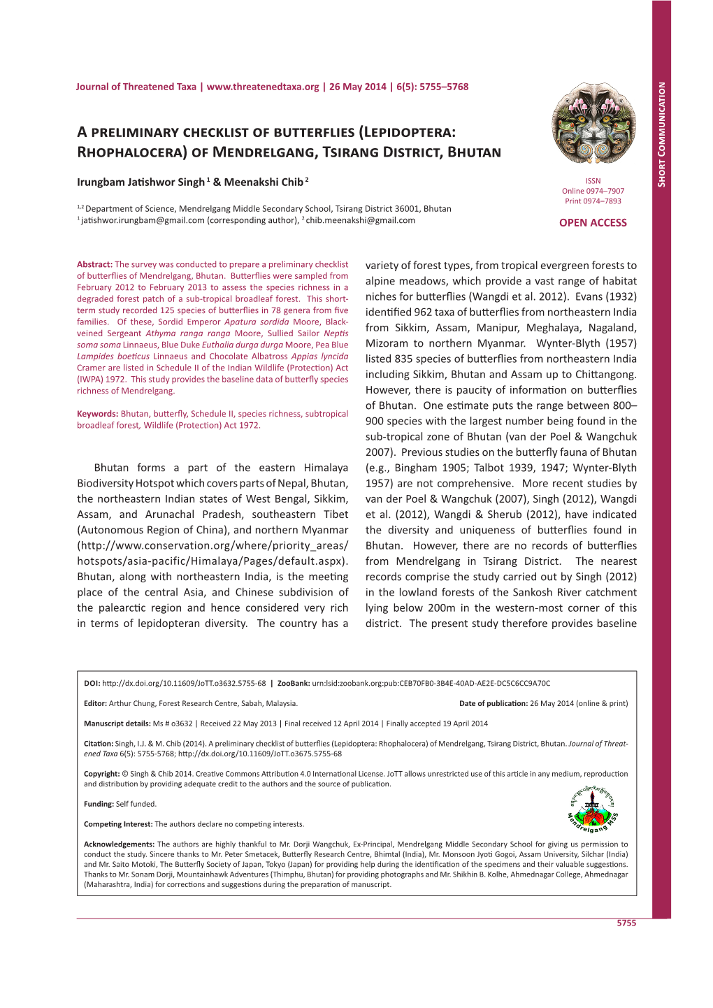 A Preliminary Checklist of Butterflies (Lepidoptera: Rhophalocera) of Mendrelgang, Tsirang District, Bhutan