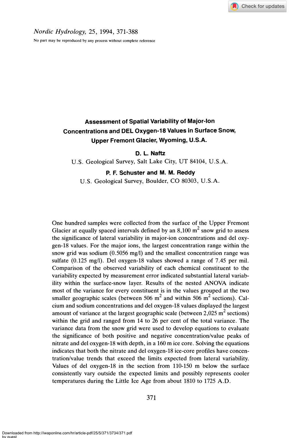 Nordic Hydrology, 25, 1994, 371-388 No Part May Be Reproduced by Any Process Wlthout Complete Rekrence