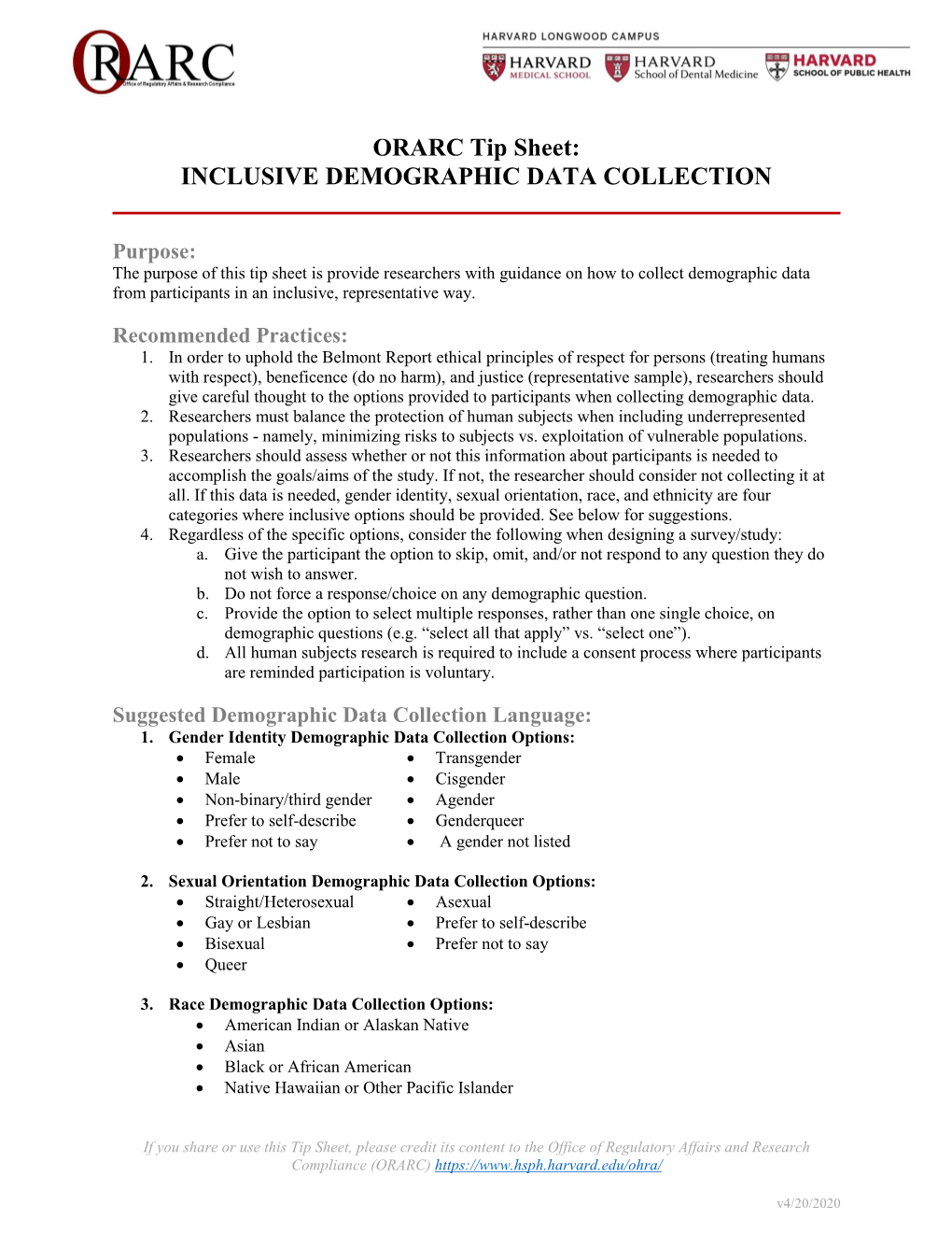 ORARC Tip Sheet: INCLUSIVE DEMOGRAPHIC DATA COLLECTION