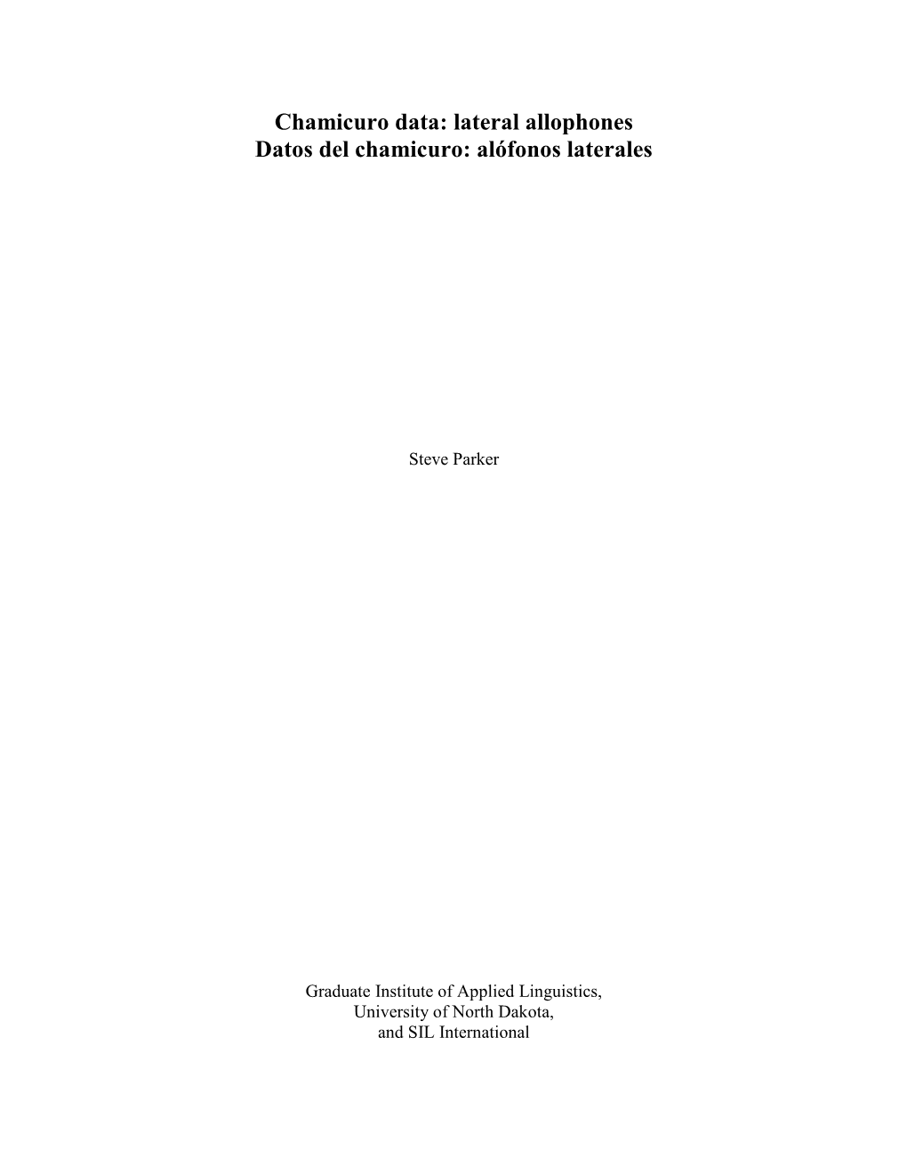 Chamicuro Data: Lateral Allophones Datos Del Chamicuro: Alófonos Laterales