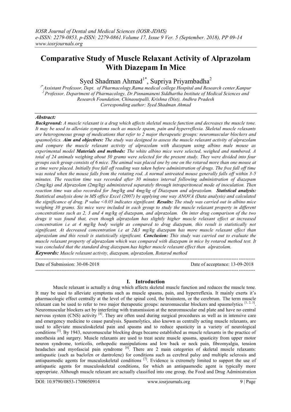 Comparative Study of Muscle Relaxant Activity of Alprazolam with Diazepam in Mice