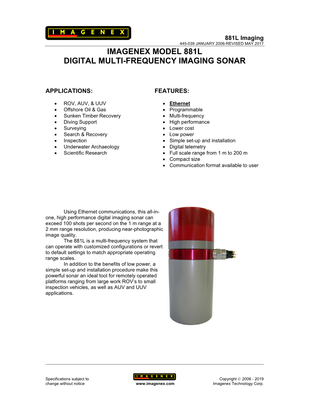 Imagenex Model 881L Digital Multi-Frequency Imaging Sonar