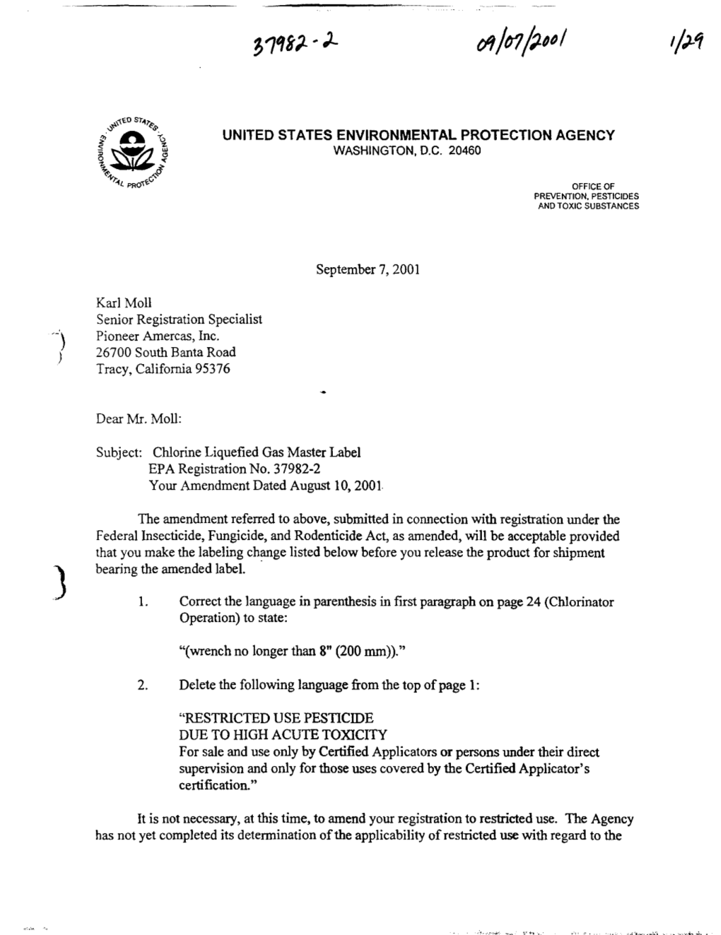 U.S. EPA, Pesticide Product Label, CHLORINE GAS, 09/07/2001