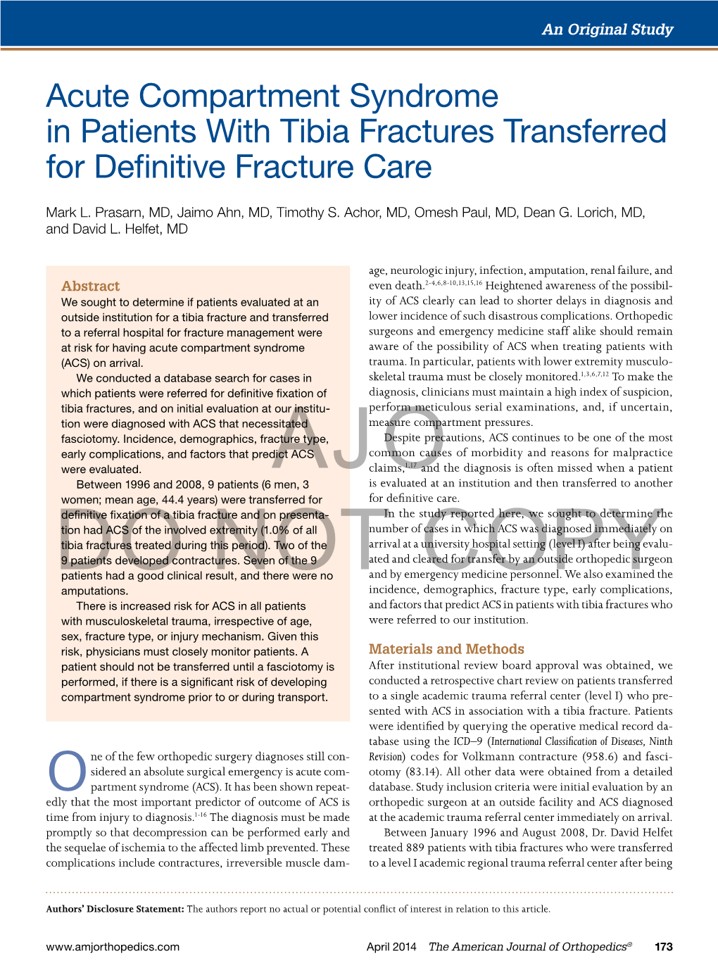 Acute Compartment Syndrome in Patients with Tibia Fractures Transferred for Definitive Fracture Care