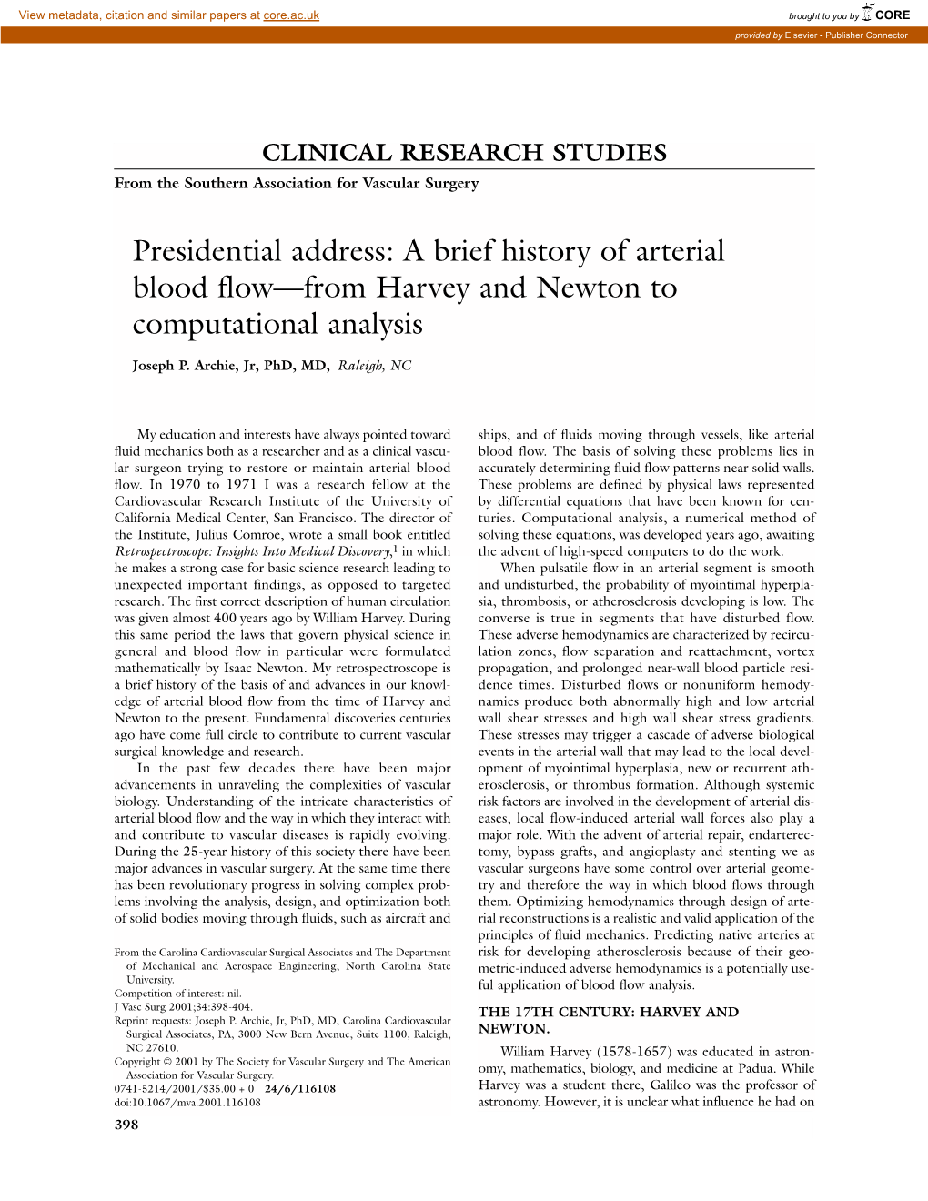 A Brief History of Arterial Blood Flow—From Harvey and Newton to Computational Analysis