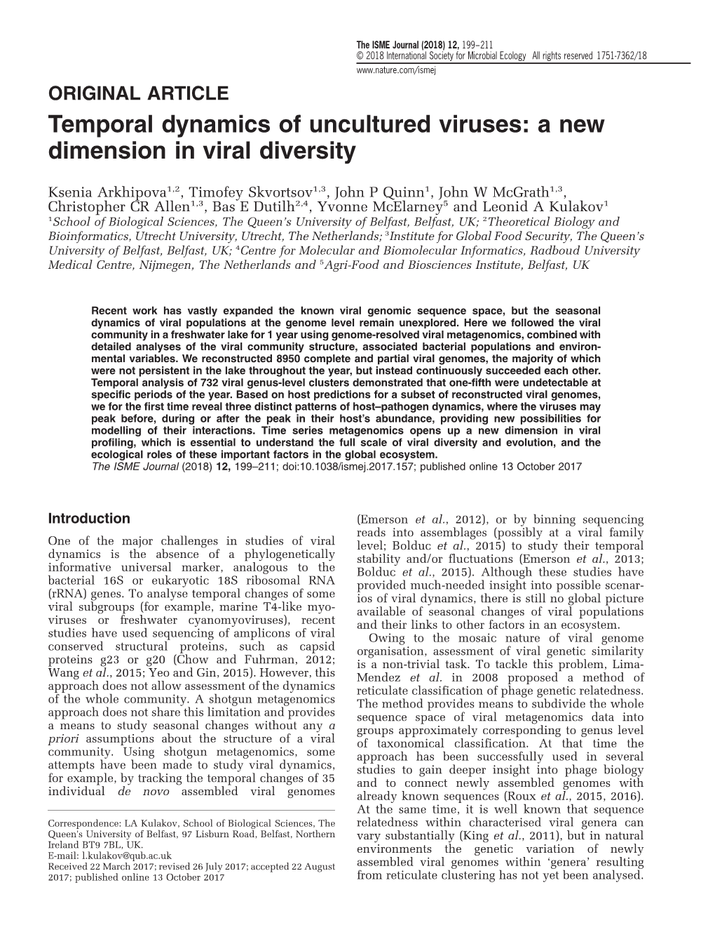 Temporal Dynamics of Uncultured Viruses: a New Dimension in Viral Diversity