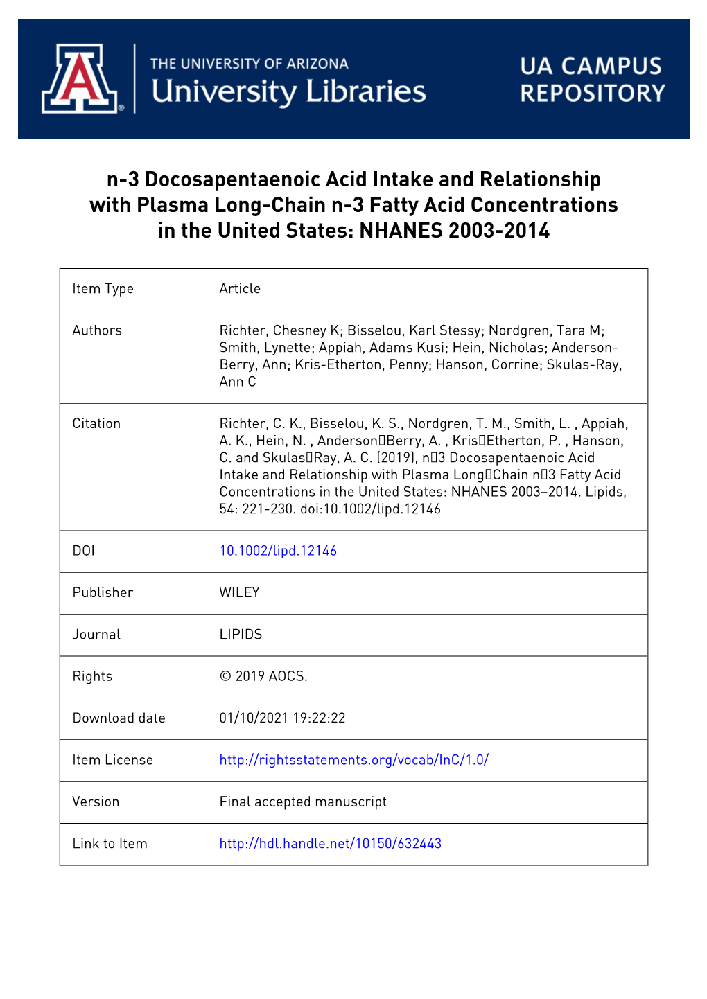 1 N-3 Docosapentaenoic Acid (DPA) Intake and Relationship to Plasma