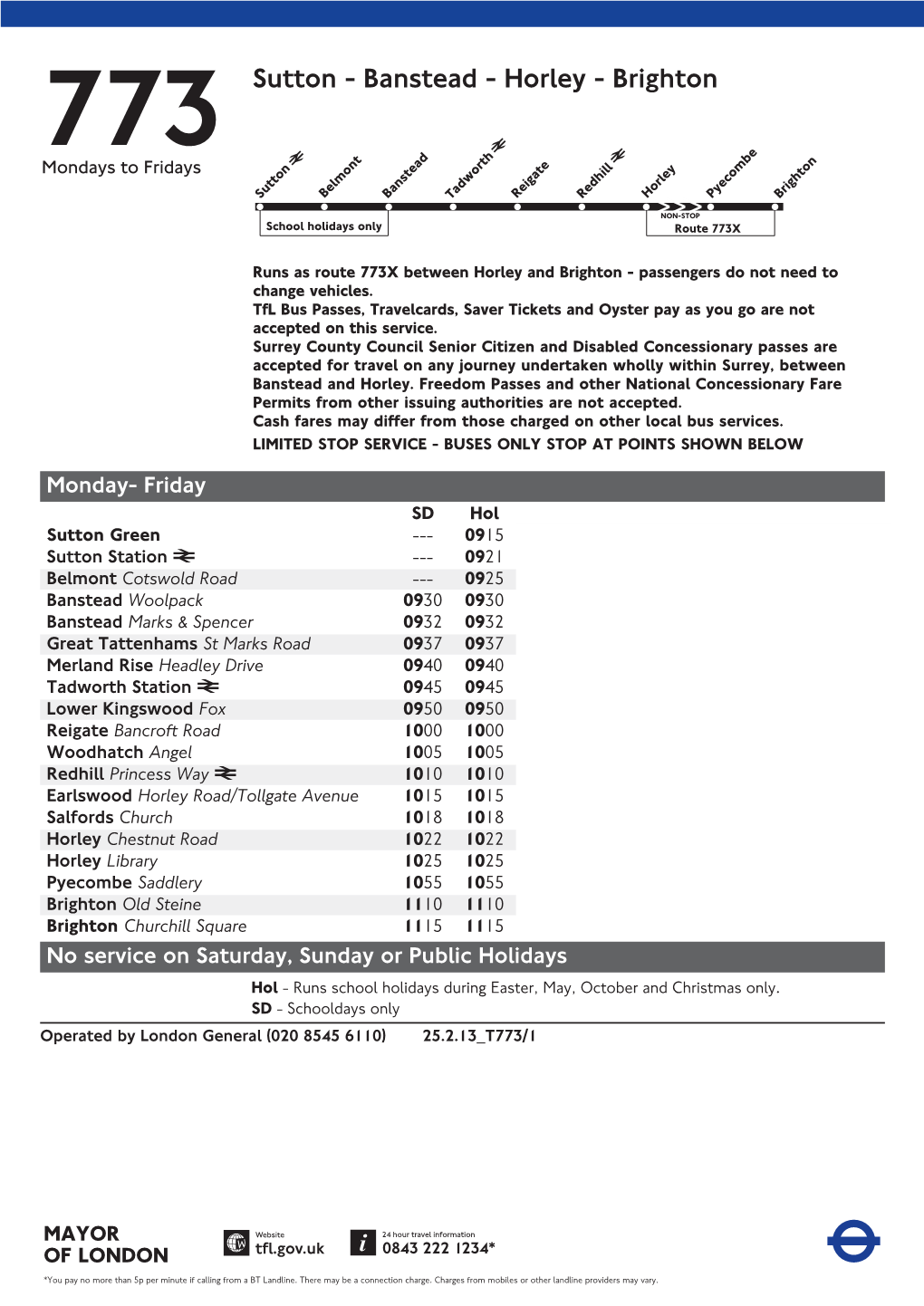 773 Sutton - Banstead - Horley - Brighton Mondays to Fridays