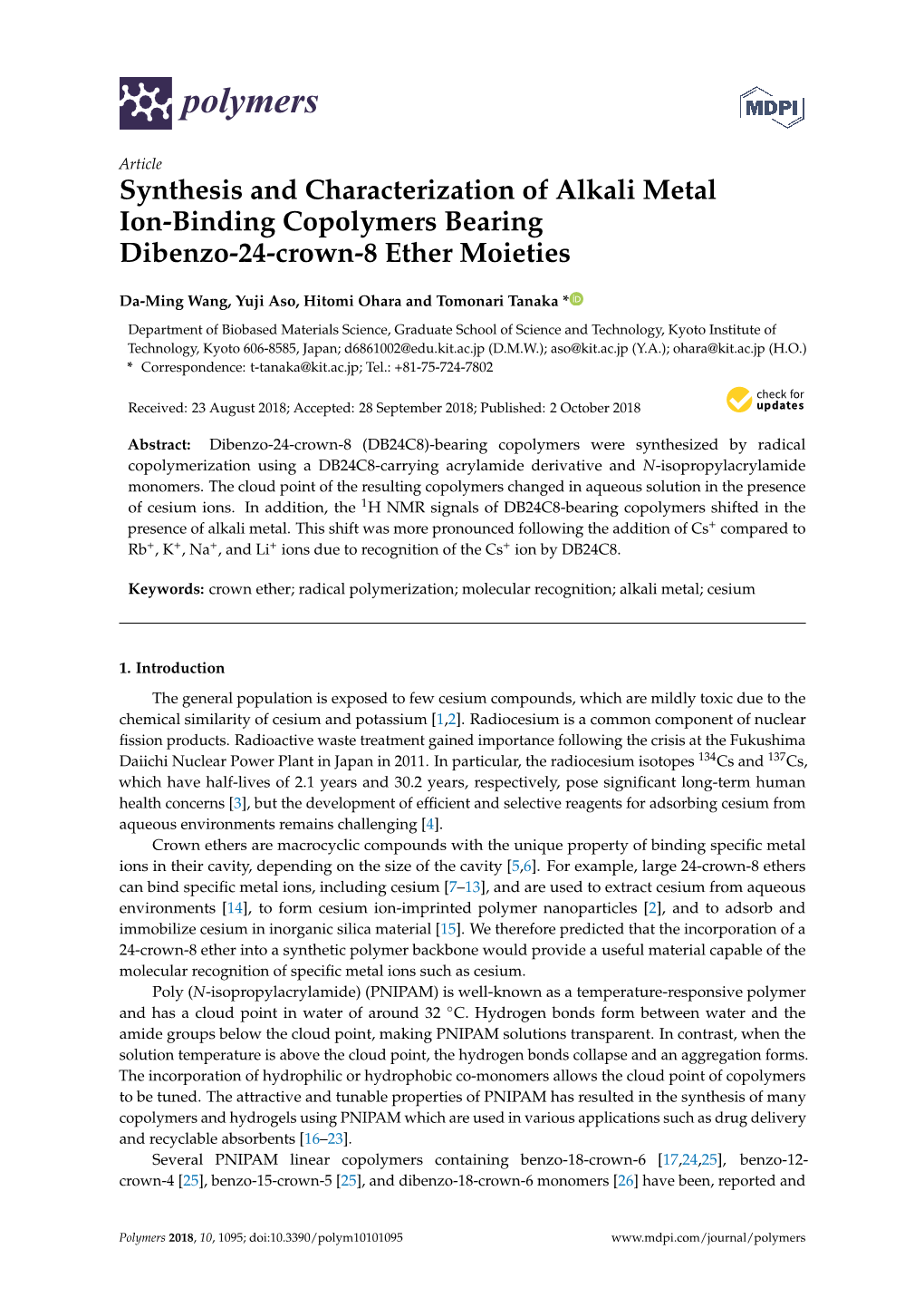 Synthesis and Characterization of Alkali Metal Ion-Binding Copolymers Bearing Dibenzo-24-Crown-8 Ether Moieties