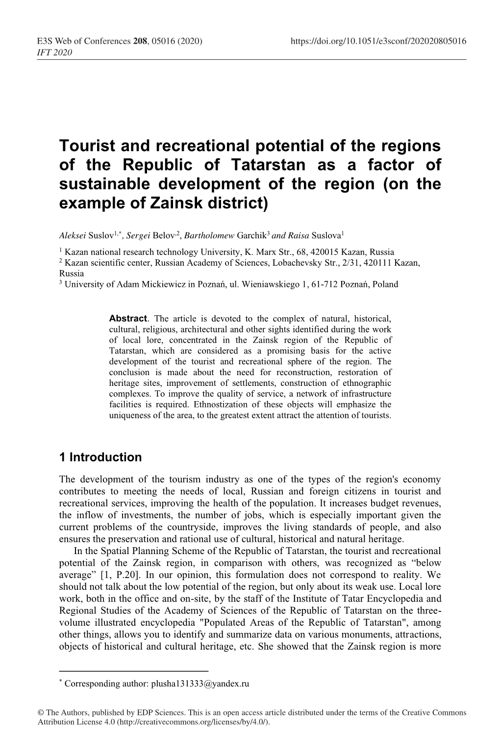 Tourist and Recreational Potential of the Regions of the Republic Of