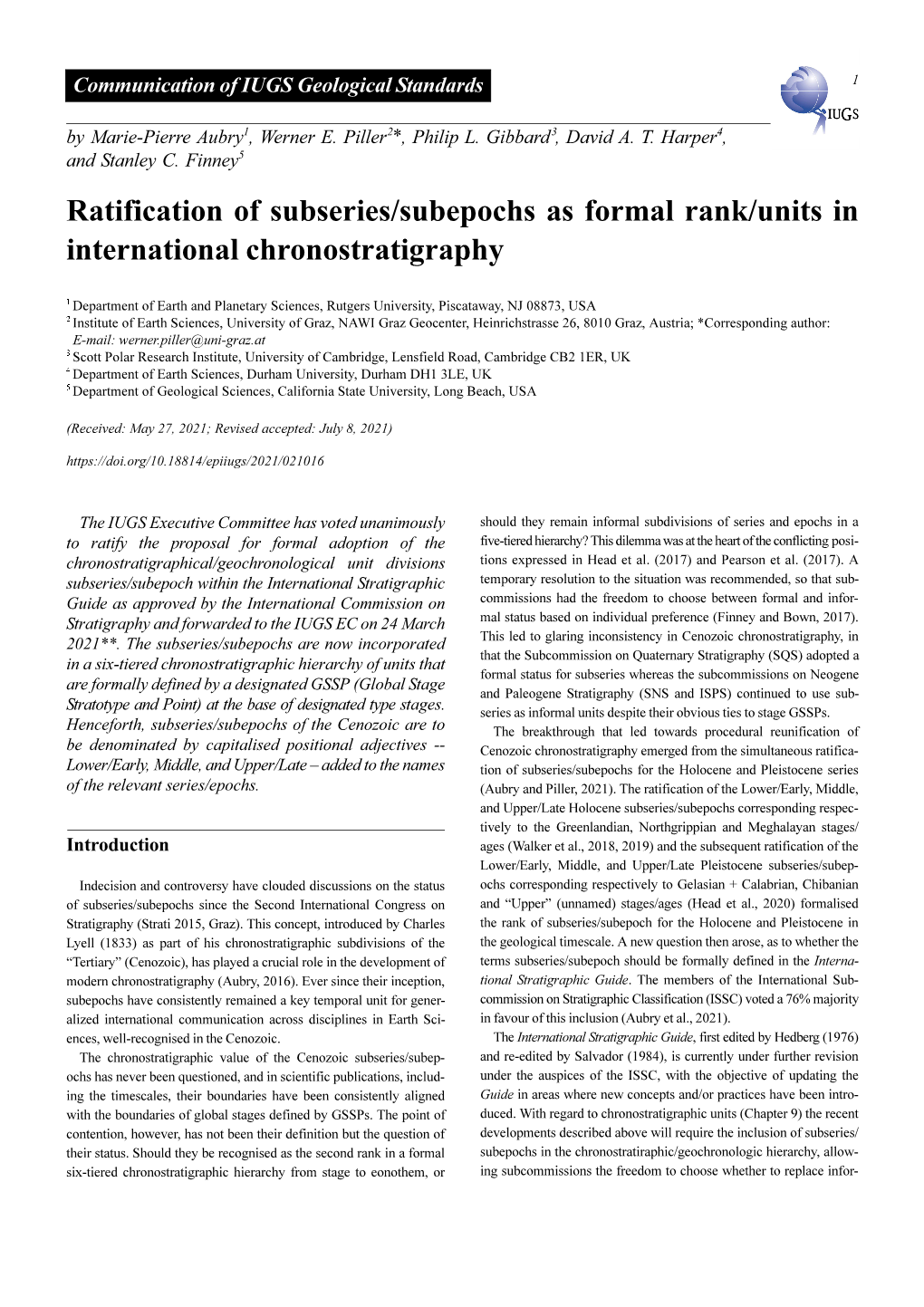 Ratification of Subseries/Subepochs As Formal Rank/Units in International Chronostratigraphy