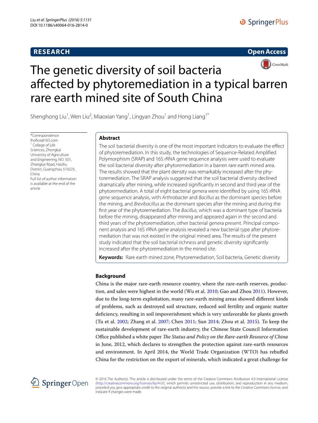 The Genetic Diversity of Soil Bacteria Affected by Phytoremediation in a Typical Barren Rare Earth Mined Site of South China