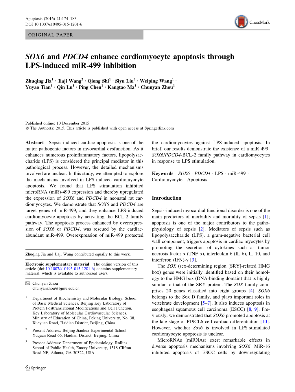 SOX6 and PDCD4 Enhance Cardiomyocyte Apoptosis Through LPS-Induced Mir-499 Inhibition