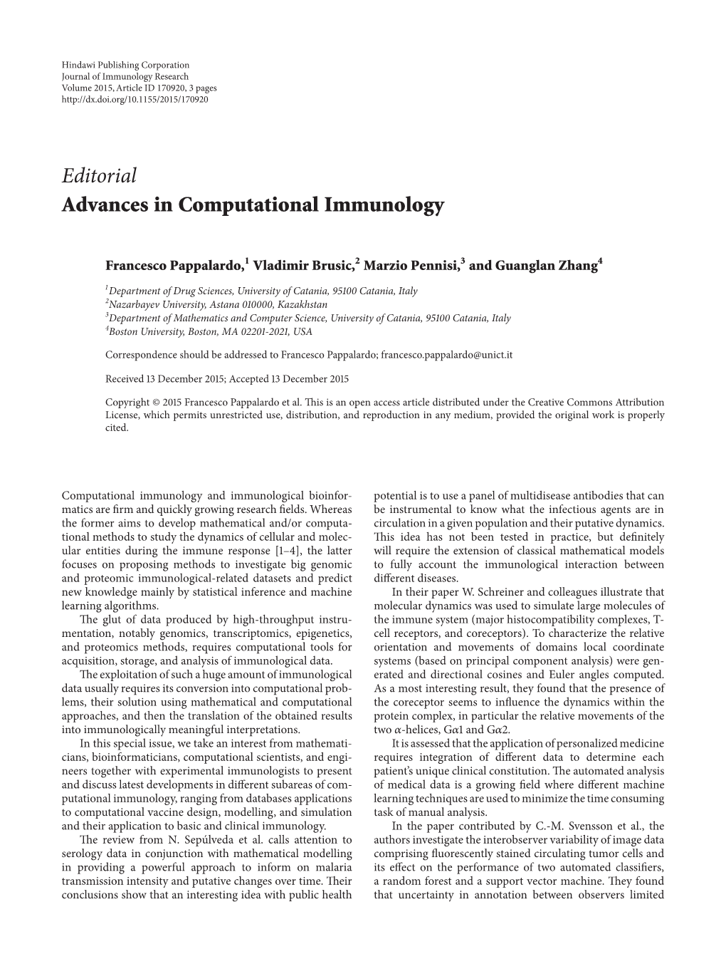 Editorial Advances in Computational Immunology