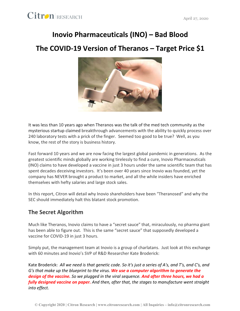 Inovio Pharmaceuticals (INO) – Bad Blood the COVID-19 Version of Theranos – Target Price $1