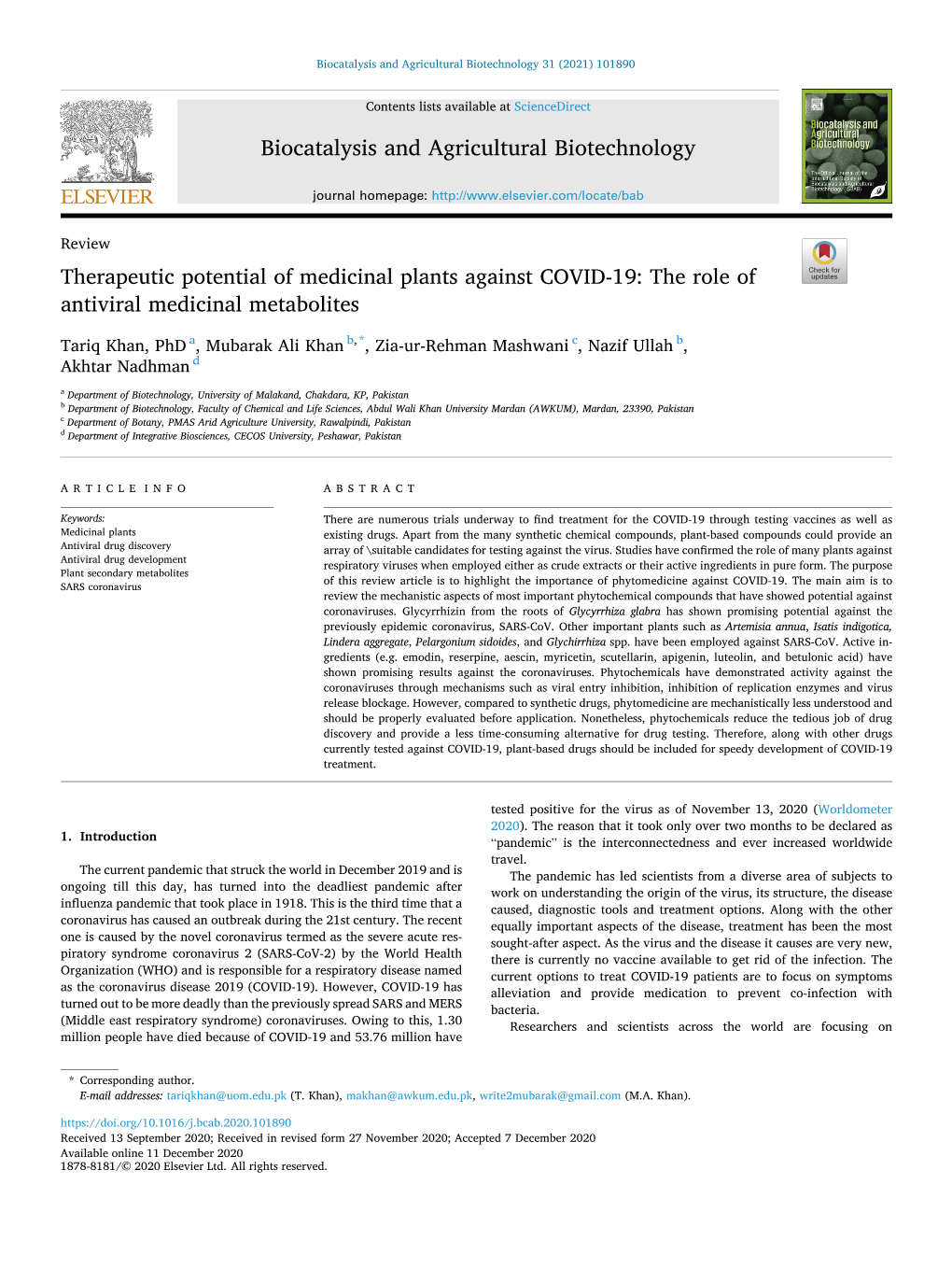 Therapeutic Potential of Medicinal Plants Against COVID-19: the Role of Antiviral Medicinal Metabolites