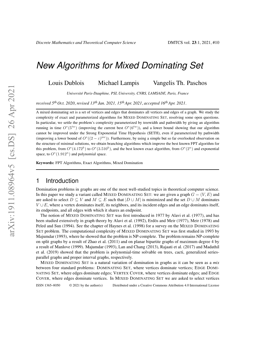 Arxiv:1911.08964V5 [Cs.DS] 26 Apr 2021 Ewe Orsadr Rbes D Problems: Standard Four Between Ta.(09 Hwdta H Rbe Splnma-Iesol Polynomial-Time Respectively