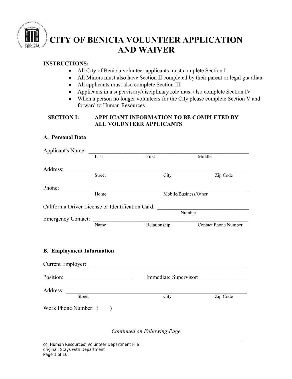 City of Benicia Volunteer Application and Waiver