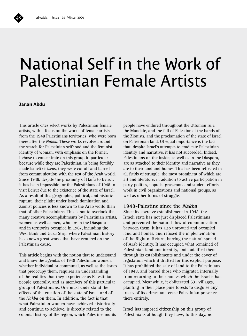 National Self in the Work of Palestinian Female Artists