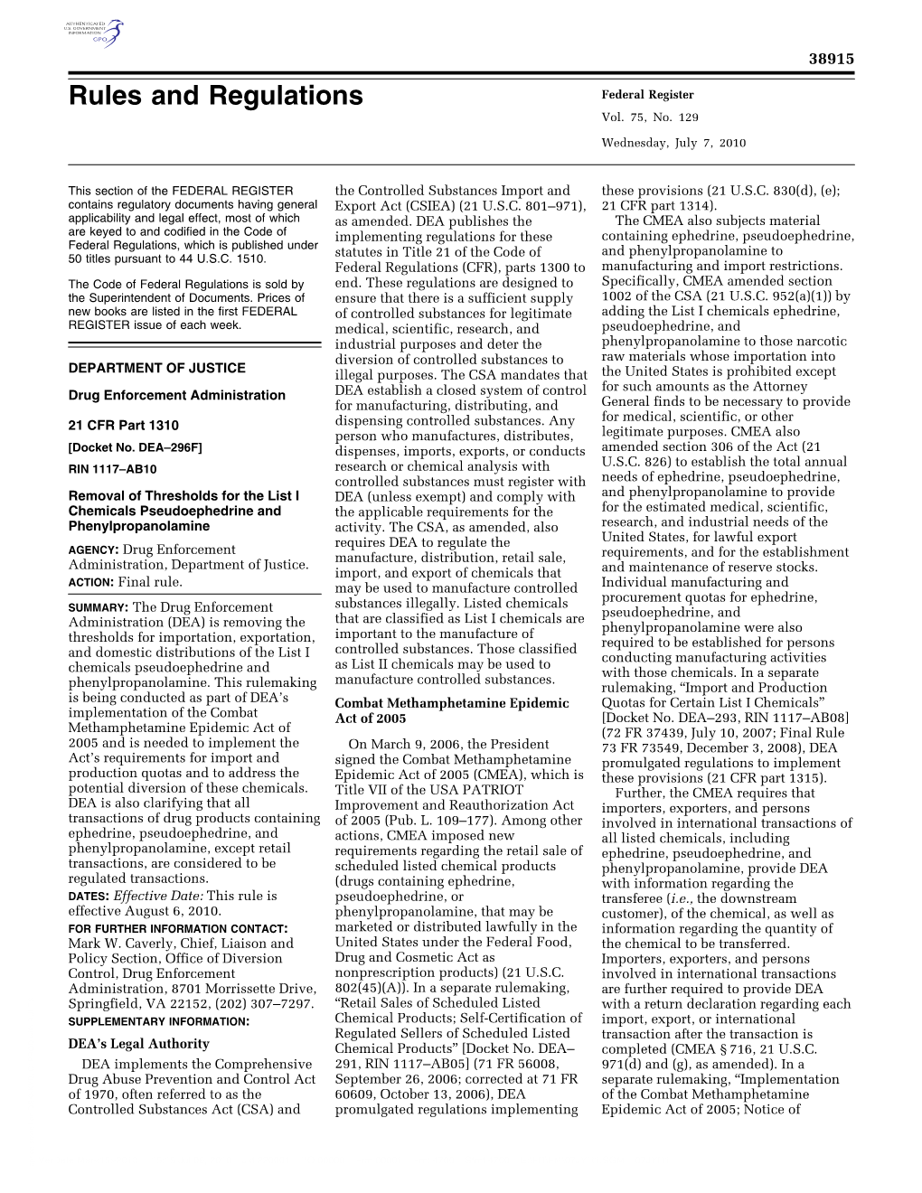 Removal of Thresholds for the List I Chemicals