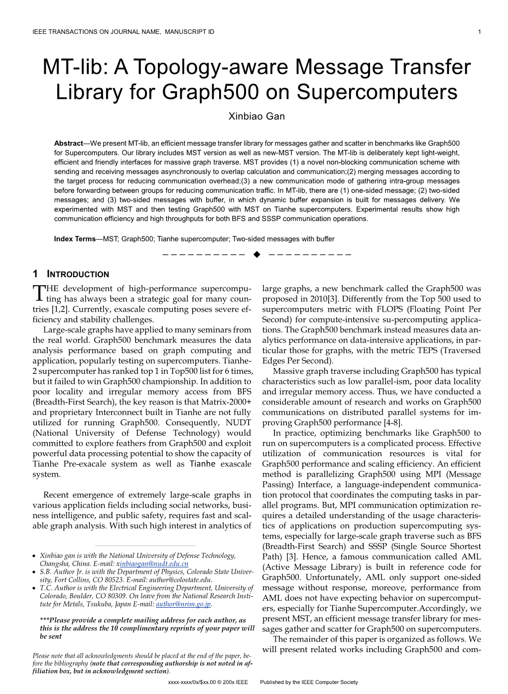 MT-Lib: a Topology-Aware Message Transfer Library for Graph500 on Supercomputers Xinbiao Gan